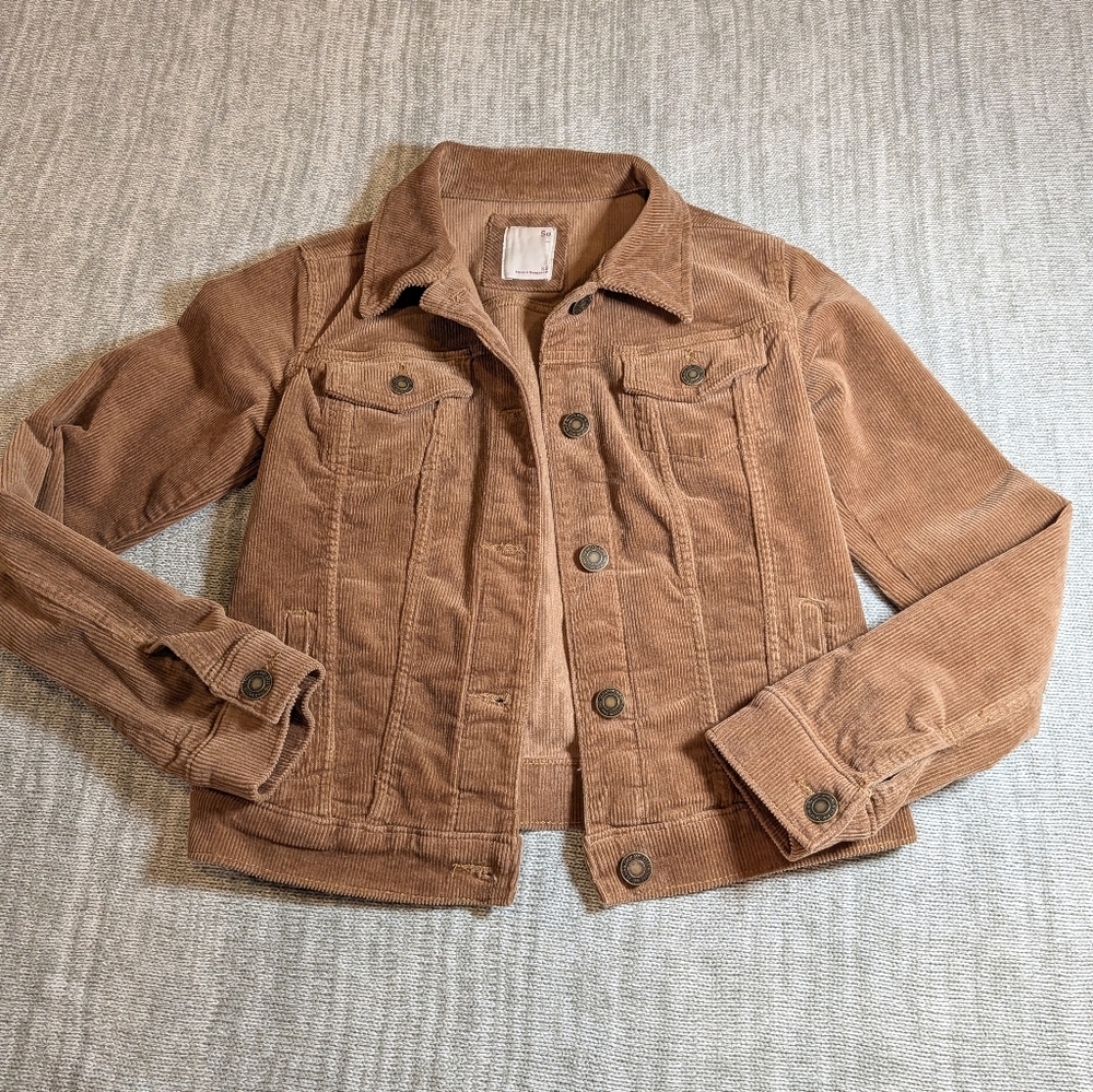 SO Brown Cognac Corduroy Cropped Button Front Jacket Size XS 70's Trucker - Picture 8 of 8